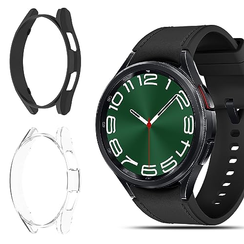 QULLOO 2 Stück Schutzhülle für Samsung galaxy Watch 6 Classic 47mm Displayschutz Case,Voller Schutz Hülle,PC Hard Case für Samsung Watch6 Classic 47mm Stoßfeste Cover - Schwarz + Transparent von QULLOO