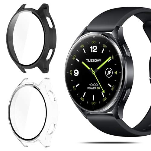 QULLOO 2 Stück Schutzhülle für Xiaomi Watch 2 Displayschutz,Voller Schutz Hülle,PC Hard Schutzfolie Case Cover für Xiaomi Watch 2 mit Displayschutzfolie - Schwarz + Transparent von QULLOO