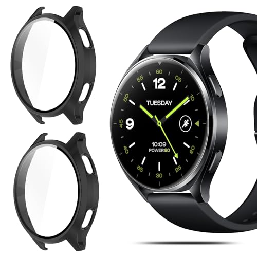 QULLOO 2 Stück Schutzhülle für Xiaomi Watch 2 Displayschutz,Voller Schutz Hülle,PC Hard Schutzfolie Case Cover für Xiaomi Watch 2 mit Displayschutzfolie - Schwarz von QULLOO