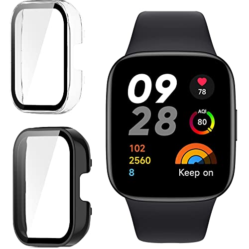 QULLOO Schutzhülle für Xiaomi Redmi Watch 3 Displayschutz,Voller Schutz Hülle,PC Hard Schutzfolie Case, Stoßfeste Cover für Redmi Watch 3,mit Displayschutzfolie - Schwarz + Transparent von QULLOO