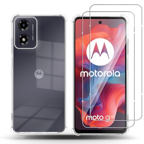 QULLOO Silikon Hülle für Motorola Moto G04 / G24 & 2 Stück Schutzfolie für Panzerglas, 9H Härte Glas Schutzglas, Schutzhülle Weich TPU Transparent handyhülle Case für Moto G04 / G24 von QULLOO