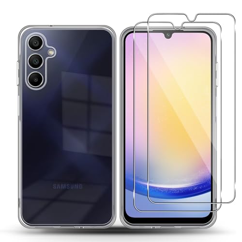 QULLOO Silikon Hülle für Samsung Galaxy A15 5G / 4G & 2 Stück Schutzfolie für Panzerglas, 9H Härte Panzer Schutz Glas Displayfolie, Schutzhülle Weich TPU Transparent handyhülle Case für Galaxy A15 von QULLOO