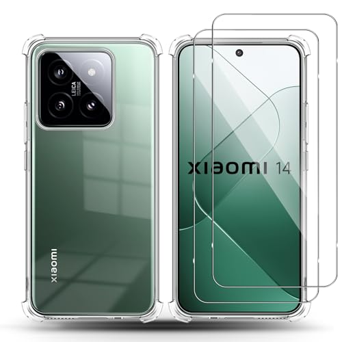 QULLOO Silikon Hülle für Xiaomi 14 & 2 Stück Schutzfolie für Panzerglas, 9H Härte Glas Schutzglas, Schutzhülle Weich TPU Transparent handyhülle Case für mi 14 von QULLOO