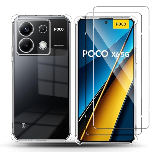 QULLOO Silikon Hülle für Xiaomi Poco X6 5G / Redmi Note 13 Pro 5G & 2 Stück Schutzfolie für Panzerglas, 9H Härte Glas Schutzglas, Schutzhülle Weich TPU Transparent handyhülle Case für Poco X6 von QULLOO