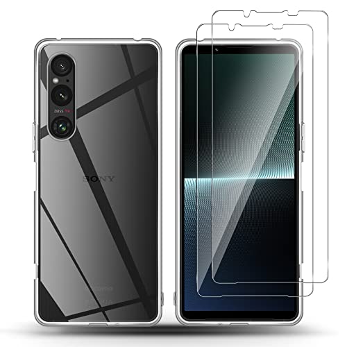 QULLOO Transparent Hülle für Sony Xperia 1 V 5G + 2 Stück Screen Schutzfolie,Panzer Schutz Glas Panzerfolie,Schutzhülle Crystal Clear Case Silikon handyhülle Cover für Xperia 1 5 Gen für Panzerglas von QULLOO