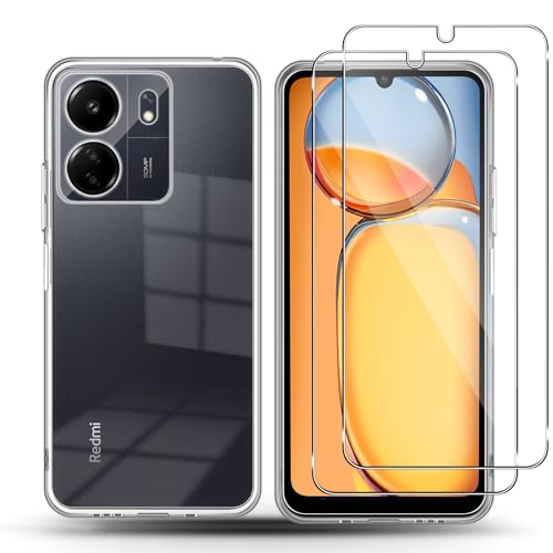 QULLOO Transparent Hülle für Xiaomi Poco C65 / Redmi 13C 4G + 2 Stück Screen Schutzfolie für Panzerglas, Schutz Glas Folie Case Crystal Clear Schutzhülle Weich TPU Silikon handyhülle für Redmi 13 C von QULLOO