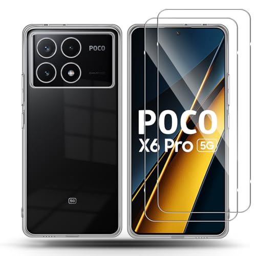 QULLOO Transparent Hülle für Xiaomi Poco X6 Pro 5G + Screen Schutzfolie für Panzerglas [2 Stück], Glas Anti-Fingerabdruck Folie Panzerfolie, Case Crystal Clear Schutzhülle Weich TPU Silikon handyhülle von QULLOO