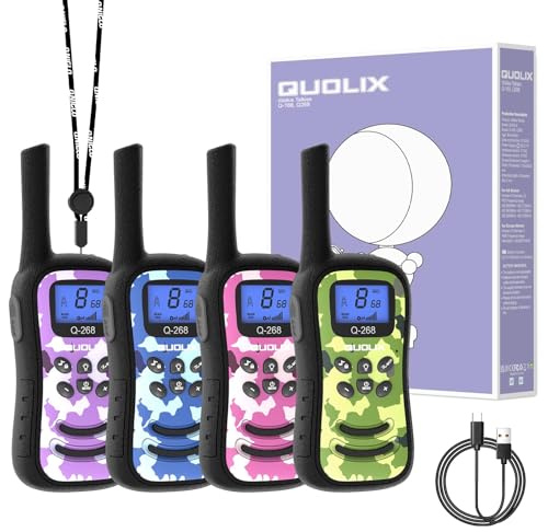 QUOLIX WalkieTalkie Kinder, Wiederaufladbar mit 24h Sprechzeit, 3 km Reichweite, 8 Kanäle & 99 Codes, LED-Taschenlampe, Camouflage Design Walkie Talkies für Outdoor, Camping, Wandern (4 Farben) von QUOLIX