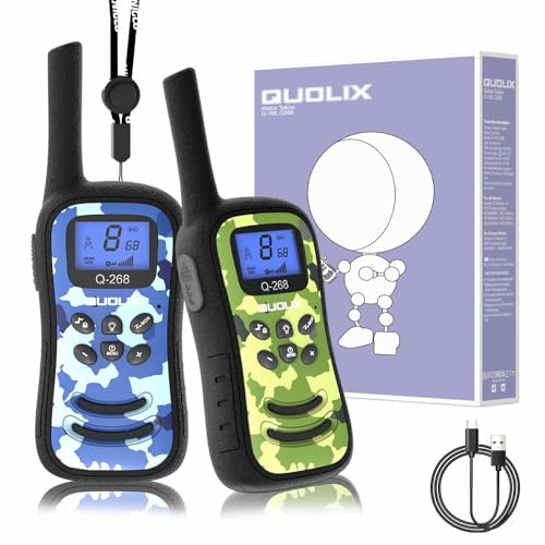 QUOLIX WalkieTalkie Kinder, Walkie Talkie 2er Set Wiederaufladbar, Große Reichweite (3 Km), LED-Taschenlampe, Camouflage Tarnung, Outdoor-Abenteuer für Jungen & Mädchen, Camping, Wandern (Blau + Grün) von QUOLIX