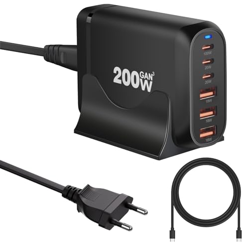 200W USB C Ladegerät Mehrfach, 6-Port GaN III Schnellladegerät USB C, USB Ladestation, PD+QC Netzteil für iPhone, Samsung, iPad, MacBook Pro, Dell Laptop und mehr - Schwarz mit 1,5m 100W USBC Kabel 200W USB C Ladegerät Mehrfach, 6-Port GaN III Schnellladegerät USB C, USB Ladestation, PD+QC Netzteil für iPhone, Samsung, iPad, MacBook Pro, Dell Laptop und mehr - Schwarz mit 1,5m 100W USBC Kabel von QUTIASE