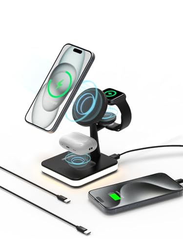 QUVFHE 4 in 1 Wireless Charging Station with Light and 1 port usb for Apple,Magnetic Wireless Charger Stand for iPhone 16/15/14/13/12,Apple Watch Series 10/9/8/7/Ultra 2/SE 2,Air-Pods 4/3/Pro/2(Black) von QUVFHE