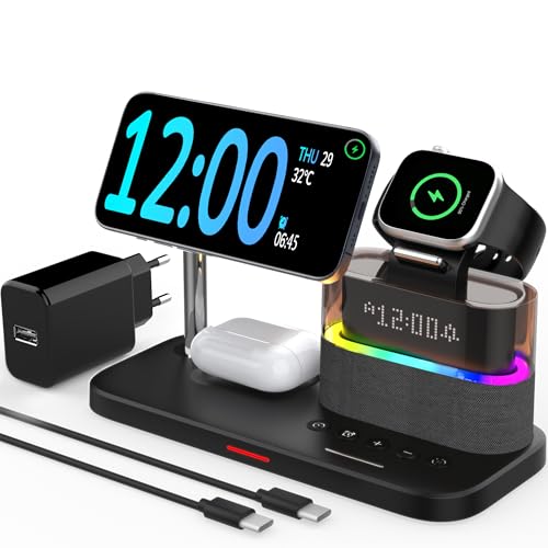 QUVFHE 5 in 1 kabelloses Ladegerät mit Wecker für Apple, Magnetischer kabelloser Ladeständer für iPhone 16/15/14/13/12, Apple Watch Series 10/9/Ultra 2/8/7/SE/SE2/6/5, Air-Pods 4/3/Pro 2/Pro/2 QUVFHE 5 in 1 kabelloses Ladegerät mit Wecker für Apple, Magnetischer kabelloser Ladeständer für iPhone 16/15/14/13/12, Apple Watch Series 10/9/Ultra 2/8/7/SE/SE2/6/5, Air-Pods 4/3/Pro 2/Pro/2 von QUVFHE