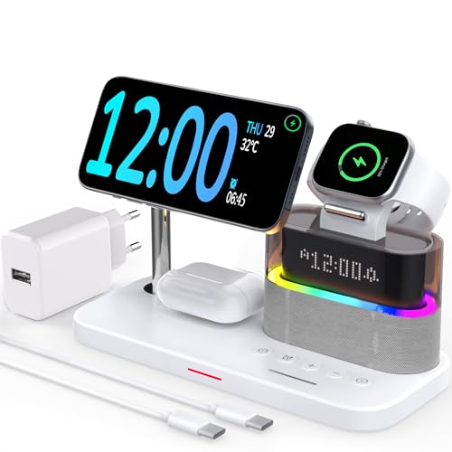 QUVFHE 5 in 1 kabelloses Ladegerät mit Wecker für Apple, Magnetischer kabelloser Ladeständer für iPhone 16/15/14/13/12, Apple Watch Series 10/9/Ultra 2/8/7/SE/SE2/6/5, Air-Pods 4/3/Pro 2/Pro/2 QUVFHE 5 in 1 kabelloses Ladegerät mit Wecker für Apple, Magnetischer kabelloser Ladeständer für iPhone 16/15/14/13/12, Apple Watch Series 10/9/Ultra 2/8/7/SE/SE2/6/5, Air-Pods 4/3/Pro 2/Pro/2 von QUVFHE