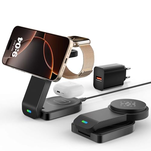 QUVFHE Magnetisches Faltbarer kabelloses Ladegerät für Apple,3 in 1 kabellose Ladestation für iPhone 16 15 14 13 12 etc,Apple Watch,AirPod 4 3 2(Schwarz) von QUVFHE