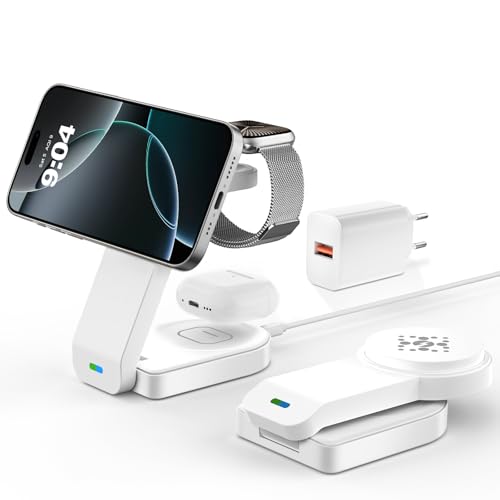QUVFHE Magnetisches Faltbarer kabelloses Ladegerät für Apple,3 in 1 kabellose Ladestation für iPhone 16 15 14 13 12 etc,Apple Watch,AirPod 4 3 2(Weiß) von QUVFHE