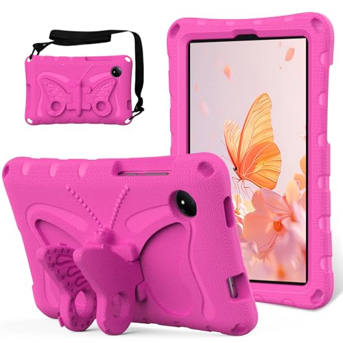 Kinder-Schutzhülle, kompatibel mit Xiaomi Redmi Pad SE 22,1 cm (8,7 Zoll), 2024, leicht, stoßfest, EVA, robuste Schutzhülle mit Schultergurt, niedlicher Schmetterling, Rosenrot von QUYISHAN