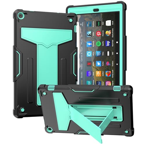 Kompatibel mit Kindle Fire HD 10 (2019/2017 veröffentlicht 9. / 7. Generation) Tablet Kinderhülle, robuste Schutzhülle, stoßfest, Hybrid-Schutz, Standfunktion, Schwarz + Hellgrün von QUYISHAN