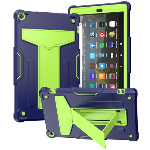 Kompatibel mit Kindle Fire HD 10 (2019/2017 veröffentlicht 9. / 7. Generation) Tablet Kinderhülle, robuste Schutzhülle, stoßfest, Hybrid-Schutz, Standhülle, Marineblau und Grün von QUYISHAN