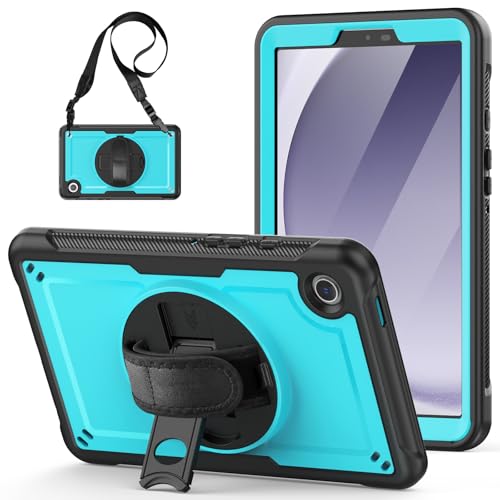 Schutzhülle kompatibel mit Samsung Galaxy Tab A9 22,1 cm (8,7 Zoll) 2023 (SM-X110/X115/X117), mit Displayschutzfolie, strapazierfähig, stoßfest, mit drehbarer Handschlaufe, Ständer und Schlaufe von QUYISHAN
