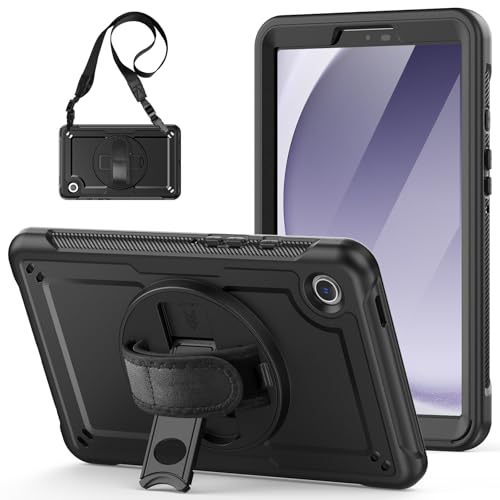 Schutzhülle kompatibel mit Samsung Galaxy Tab A9 22,1 cm (8,7 Zoll) 2023 (SM-X110/X115/X117), mit Displayschutzfolie, strapazierfähig, stoßfest, mit drehbarer Handschlaufe, Ständer und Schlaufe von QUYISHAN