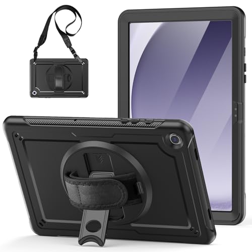 Schutzhülle kompatibel mit Samsung Galaxy Tab A9 Plus Plus 27,9 cm (11 Zoll) 2023 (SM-X210/X215/X216/X218), mit Displayschutzfolie, strapazierfähig, stoßfest, mit drehbarer Handschlaufe, Ständer und von QUYISHAN