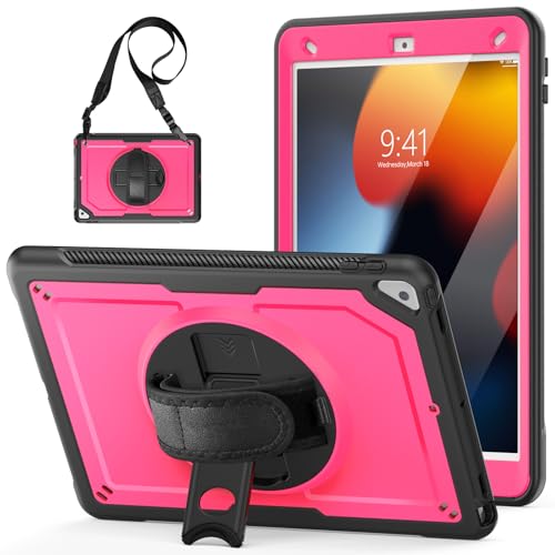 Schutzhülle kompatibel mit iPad 10,2 Zoll (2019/2020/2021), mit Displayschutzfolie, strapazierfähig, stoßfest, mit drehbarer Handschlaufe, Ständer und Schlaufe, Rosarot von QUYISHAN