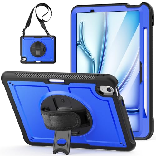 Schutzhülle kompatibel mit iPad Air 27,9 cm (11 Zoll) (2025 M3 / 2024 M2), mit Displayschutzfolie, strapazierfähig, stoßfest, mit drehbarer Handschlaufe, Ständer und Schlaufe, Dunkelblau von QUYISHAN