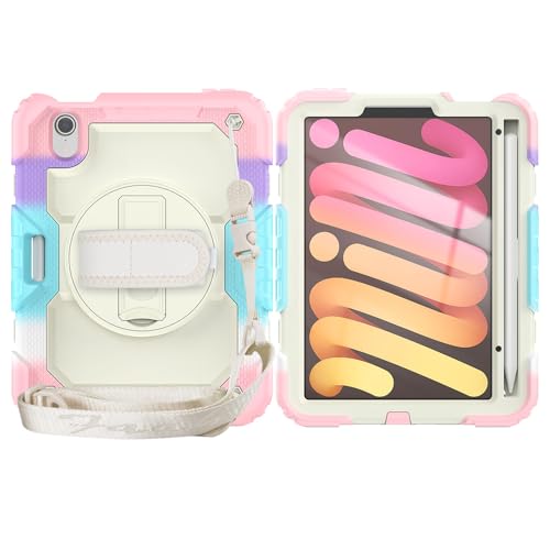 Schutzhülle kompatibel mit iPad Mini 7 Hülle (A17 Pro) 2024 / Mini 6 8,3 Zoll, Rundumschutz, robuste, stoßfeste TPU-Hülle, Schutzhülle mit Displayschutzfolie, drehbarem Ständer, Schlaufe von QUYISHAN