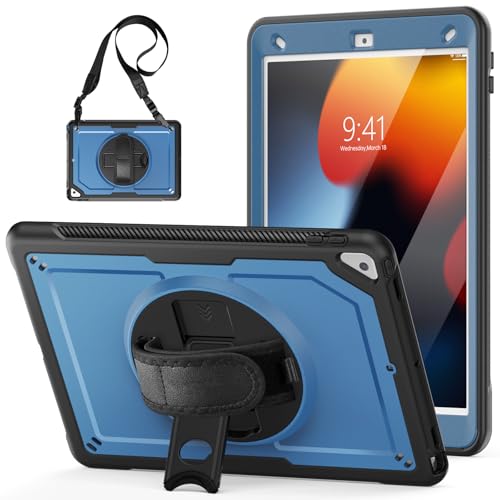 Schutzhülle kompatibel mit iPad Pro 26,7 cm (10,5 Zoll) 2017 (7. / 8. / 9. Generation), mit Displayschutzfolie, strapazierfähig, stoßfest, mit drehbarer Handschlaufe, Ständer und Schlaufe, Marineblau von QUYISHAN