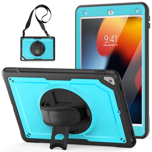 Schutzhülle kompatibel mit iPad Pro 26,7 cm (10,5 Zoll) 2017 (7. / 8. / 9. Generation), mit Displayschutzfolie, strapazierfähig, stoßfest, mit drehbarer Handschlaufe, Ständer und Schlaufe, Hellblau von QUYISHAN