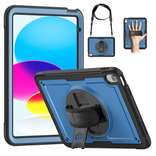 Schutzhülle kompatibel mit iPad der 10. Generation 27,7 cm (11 Zoll), 2022, mit Displayschutzfolie, strapazierfähig, stoßfest, mit drehbarer Handschlaufe, Ständer und Schlaufe, Marineblau von QUYISHAN