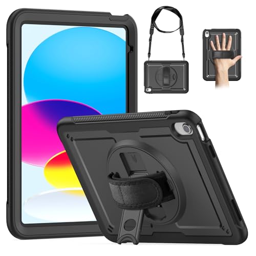 Schutzhülle kompatibel mit iPad der 10. Generation 27,7 cm (11 Zoll), 2022, mit Displayschutzfolie, strapazierfähig, stoßfest, mit drehbarer Handschlaufe, Ständer und Schlaufe, Schwarz von QUYISHAN
