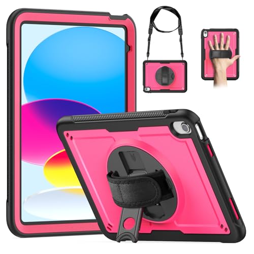 Schutzhülle kompatibel mit iPad der 10. Generation 27,7 cm (11 Zoll), 2022, mit Displayschutzfolie, strapazierfähig, stoßfestes Design mit drehbarer Handschlaufe, Ständer und Schlaufe. Rosarot von QUYISHAN