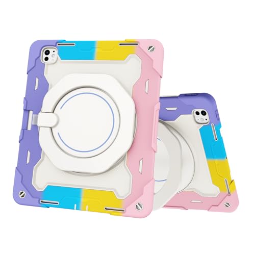 iPad Pro 13 Zoll 2024 stoßfeste Hülle, Stand Cover mit 360° drehbarem Griff Kinder-Tablet-Hülle, bruchsichere Schale, sturzsicherer W-Schultergurt (Regenbogenrosa) von QUYISHAN