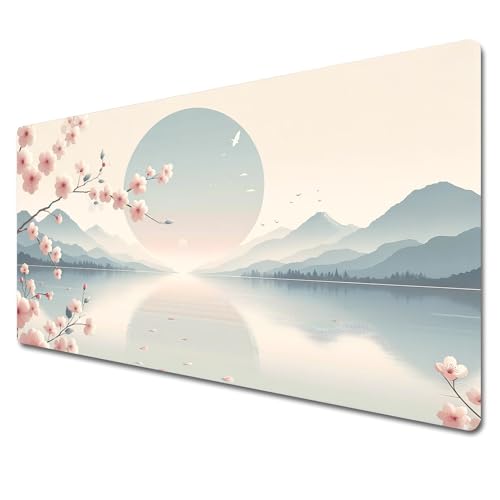 QWLEYCHN Japanisches Kirschblüten-Mauspad, XXL-Mauspad, 900 x 400, Tastaturunterlage, weiß, Tischmatte, wasserdicht, rutschfest von QWLEYCHN