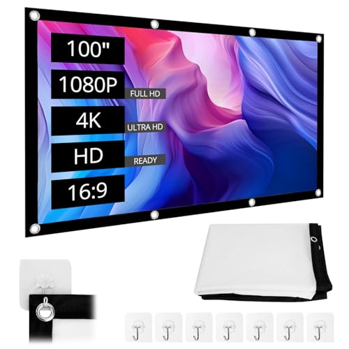 QWORK® 100 Zoll Projektionsleinwand, 16: 9 HD Faltbar Beamer Leinwand, 221 * 125CM Anti-Falten Projektor Leinwand mit Zubehör, für Innen- und Außenbereich von QWORK