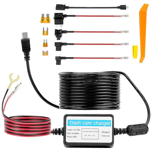 QWORK® Dashcam Hardwire-Kit mit Batterieentladungsschutz – Mini- und Micro-USB-Anschlüsse, 4 m Kabel, 4 Sicherungstypen, 12 V-30 V Eingang, 5 V/2 A Ausgang von QWORK