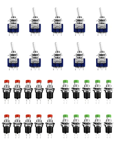QWORK® Minischalter 30er-Set, 10 x Mini Kippschalter AC 125V 6A ON-ON 3 Pins 2 Position & 20 x Microschalter Taster 250V 1A 2 Pins für Instrumententafel Marinefahrzeuge von QWORK