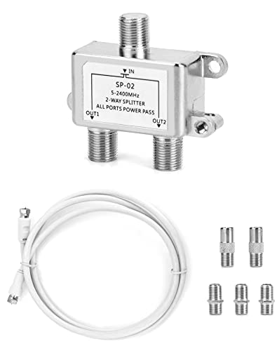 QWORK® Sat verteilt, 2 Fach Splitte, für Satelliten-Anlagen, inkl. Adapter + Kabel + 2 x F Stecker auf Koax Stecker + 3 x F Buchse auf Koax Kupplung von QWORK