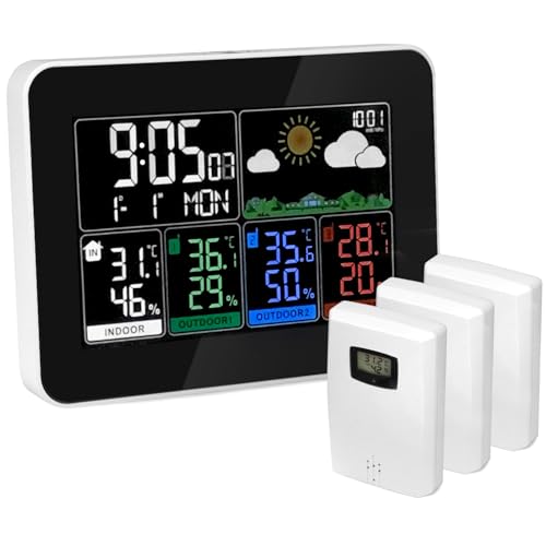 QWORK® Wetterstation Funk mit 3 Außensensoren Innen Außen, Digital Wetterstation Thermometer Hygrometer mit Wettervorhersage von QWORK