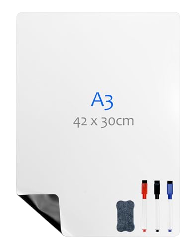 QWORK A3 Magnetisch Whiteboard - 42x30cm - Flexibler Magnettafel Memo Erinnerung für Büro Schule Zuhause Küche, 3 Markers 1 Radierer von QWORK