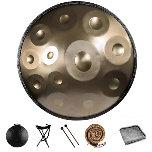 Handpan für Erwachsene 9 Töne 22 Zoll Professionelle Handpan Trommel in D Minor mit Tasche Schlägel Ständer Notenaufkleber Reinigungstuch für Camping Meditation oder Yoga (Gold-12 Noten) von QWPDWA