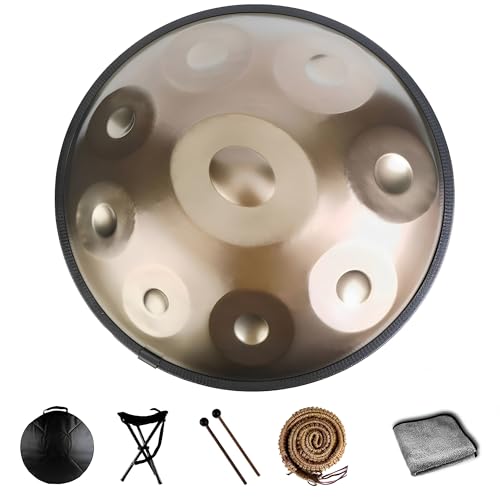 Handpan für Erwachsene 9 Töne 22 Zoll Professionelle Handpan Trommel in D Minor mit Tasche Schlägel Ständer Notenaufkleber Reinigungstuch für Camping Meditation oder Yoga (Gold-9 Noten) von QWPDWA