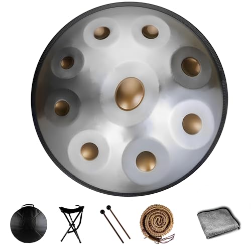 Handpan für Erwachsene 9 Töne 22 Zoll Professionelle Handpan Trommel in D Minor mit Tasche Schlägel Ständer Notenaufkleber Reinigungstuch für Camping Meditation oder Yoga (Gold Eye-9 Noten) von QWPDWA