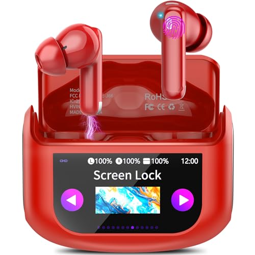 QXUFV Bluetooth Kopfhörer mit Touchscreen, In Ear Kopfhörer Kabellos Bluetooth 5.4 mit ANC/ENC Noise Cancelling Mic, 48Std Tiefer Bass Earbuds mit 5 EQ-Modi, USB-C, IP7 Wasserdicht Ohrhörer, Rot von QXUFV