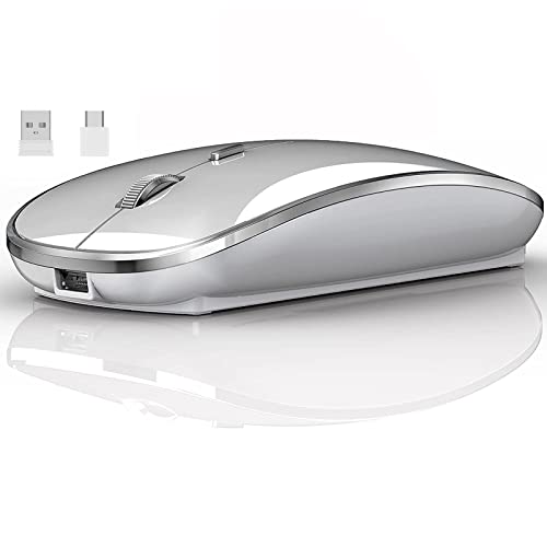 QYFP Kabellose Maus, 2,4 GHz Funkmaus mit USB/USB-C Zwei Empfänger für Laptop/Desktop/PC, Wiederaufladbare Leise Maus Kompatibel mit iPad,MacBook Air/Pro,Mac,Chromebook,Windows,Computer (Silber) von QYFP