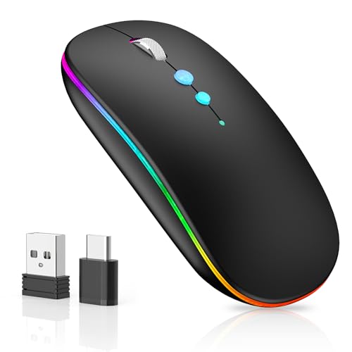 LED Funkmaus für Computer,Kabellos Tragbare PC Maus Wiederaufladbar mit 2,4GHz USB/USB-C Dual Empfänger, DPI,Zurück Taste-kompatibel mit TypeC-Geräten/AppleMacBook Air/Pro,iPad,Laptop,Tablet (Schwarz) von QYFP