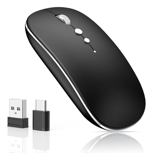 Kabellose Maus für Computer Wiederaufladbar, 2,4 GHz kabellos tragbare Mäuse mit USB/USB-C Dualer Empfänger,DPI,Zurück Taste-Kompatibel mit TypeC-Gerät/AppleMacBook Air/Pro,iPad,Tablet,PC (Schwarz) von QYFP
