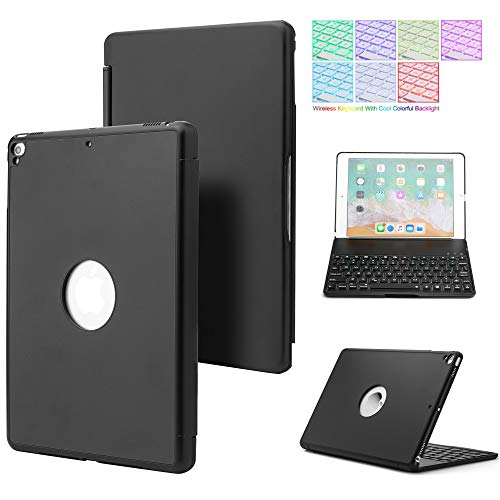 QYiD Keyboard Case 9.7 für iPad 2018 (6. Gen) - 2017 (5. Gen) - iPad Pro 9.7 - iPad Air 2 & 1, Harte Schale 180° drehbar- Hintergrundbeleuchtung 7 Farben- Tastatur, Schwarz von QYiD