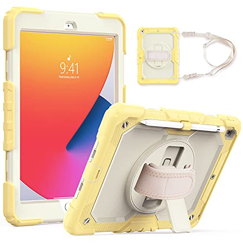 QYiD iPad 8. Generation 2020 Hülle/7. Generation 2019 Hülle, iPad 10.2 Hülle, stoßfeste stabile Hülle, 360 Grad drehbare Handschlaufe/Kickstand/Displayschutzfolie für iPad 7. / 8. Generation 10.2 2019/2020, Gelb von QYiD
